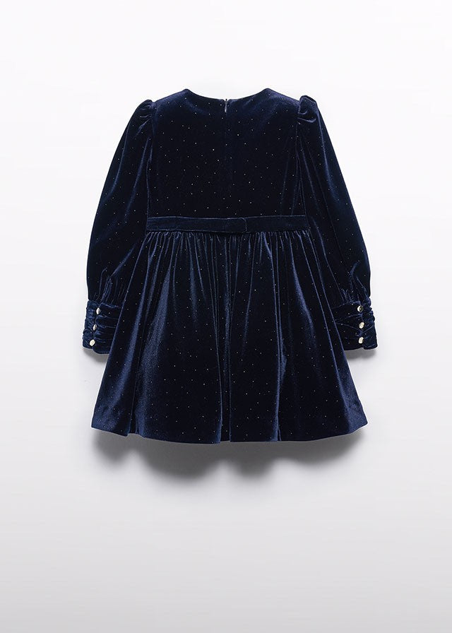 Abel & Lula Girls Belted Velvet Sparkle Holiday Party Dress - Navy Blue