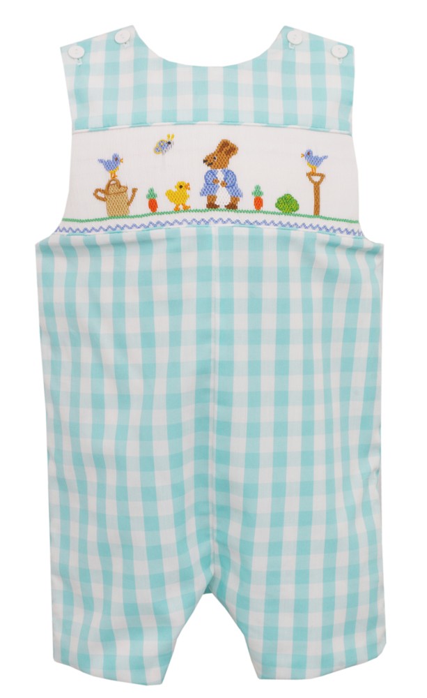 Anavini Baby / Toddler Boys Mint Check Smocked Peter Rabbit Jon Jon