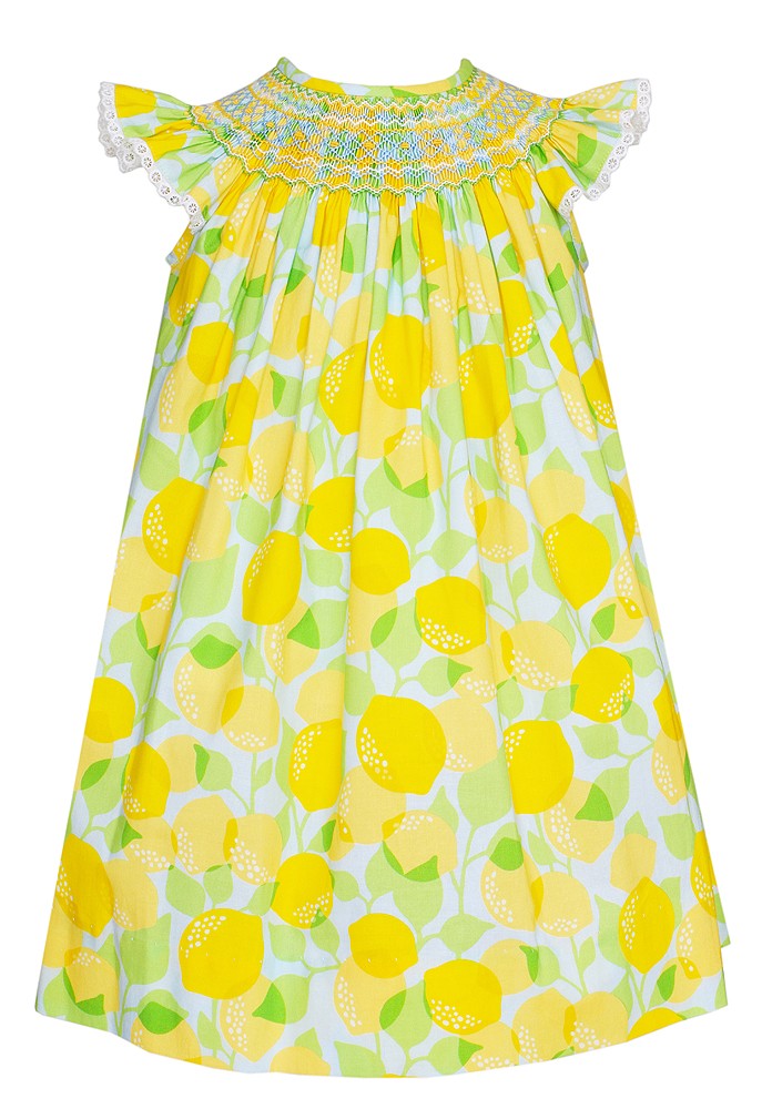 Claire & Charlie Baby / Toddler Girls - Yellow Lemon Print Smocked Bishop Dress by Claire & Charlie