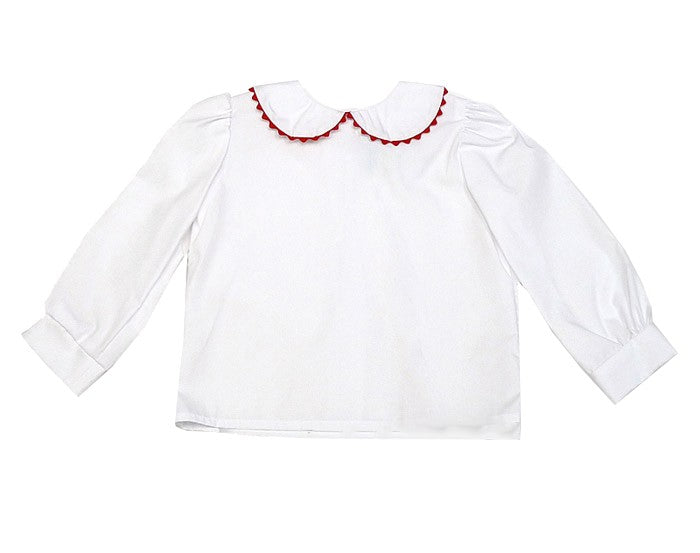 Funtasia Too Girls White Blouse - Long Sleeves / Peter Pan Collar with Rick Rack Trim - Red