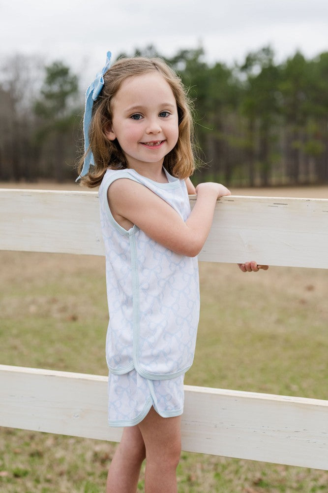 James & Lottie Girls Tank Shorts Lounge Set - Blue Put a Bow on It Print