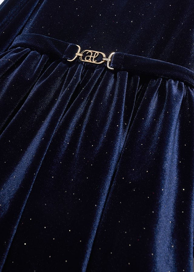 Abel & Lula Girls Belted Velvet Sparkle Holiday Party Dress - Navy Blue