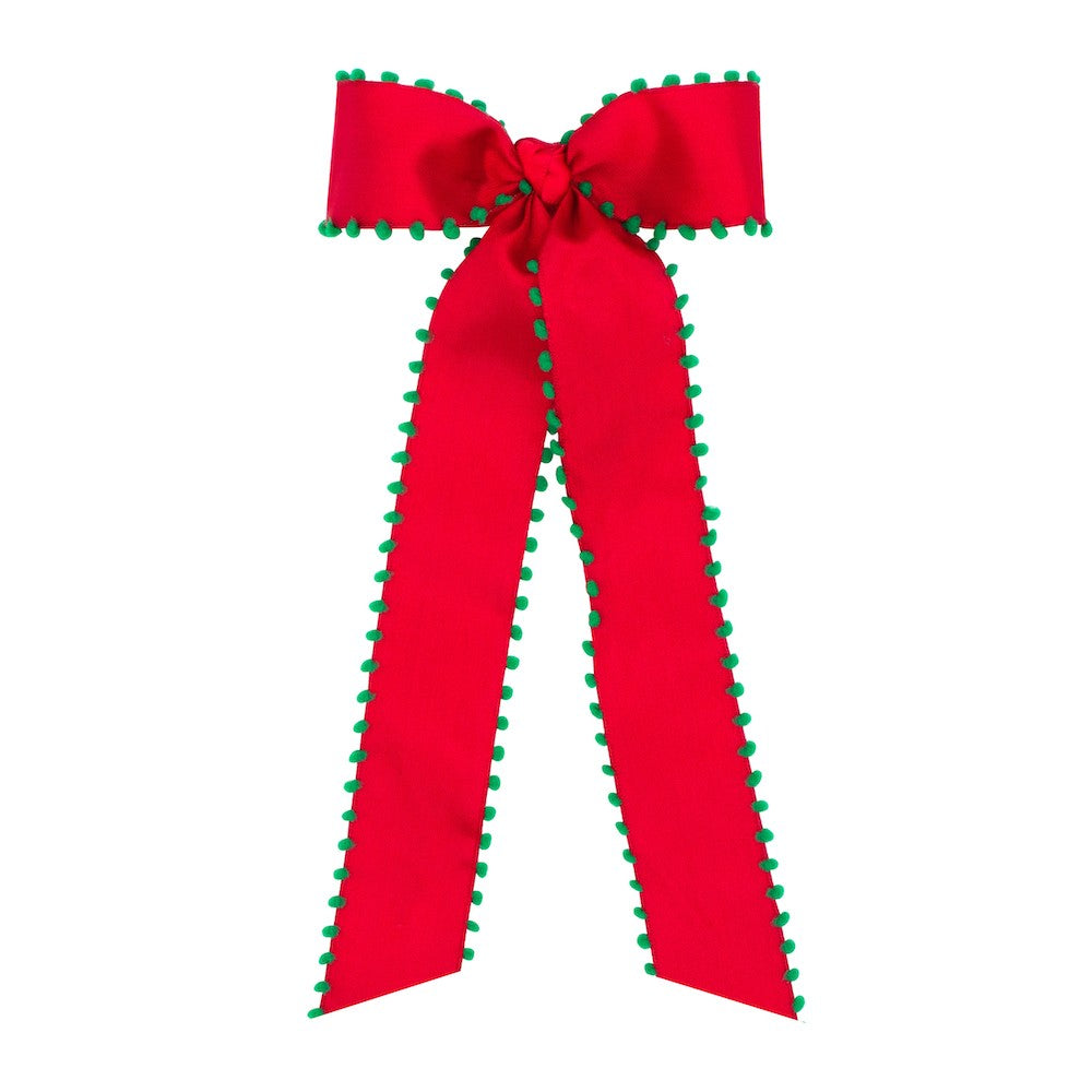 Wee Ones Girls Hair Bow with Streamer Tails - Red with Green Pom Poms