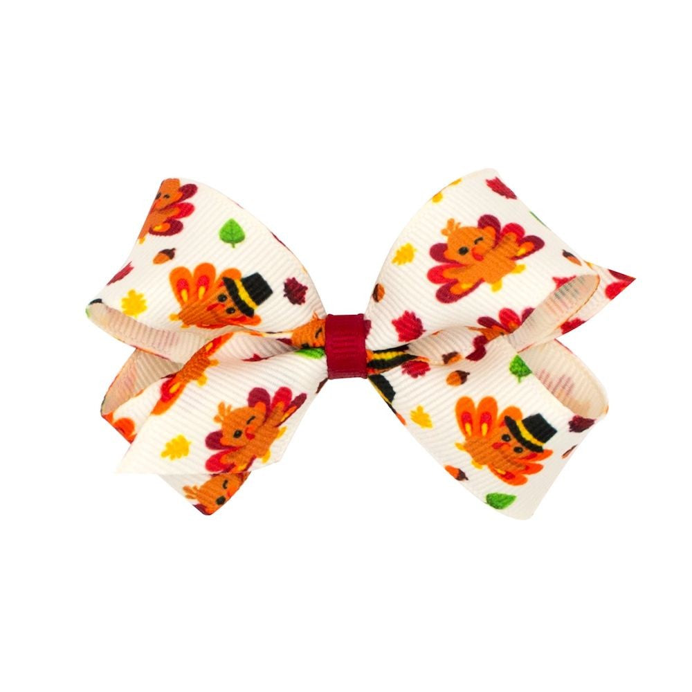 Wee Ones Girls Harvest Theme Printed Grosgrain Bow - Thanksgiving Turkey