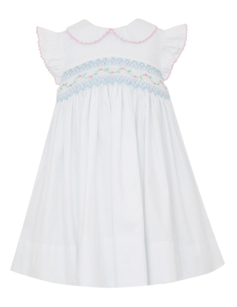 Petit Bebe Girls White and Blue Polka Dot Smocked Dress with Collar