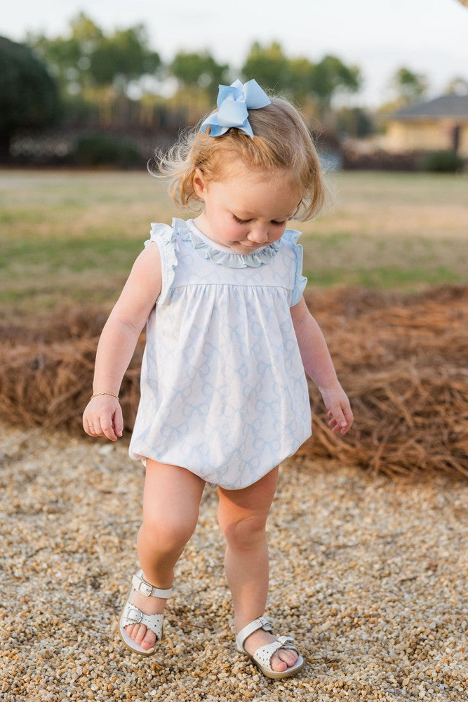 James & Lottie Baby Girls Rosie Bubble - Blue Put a Bow on It Print