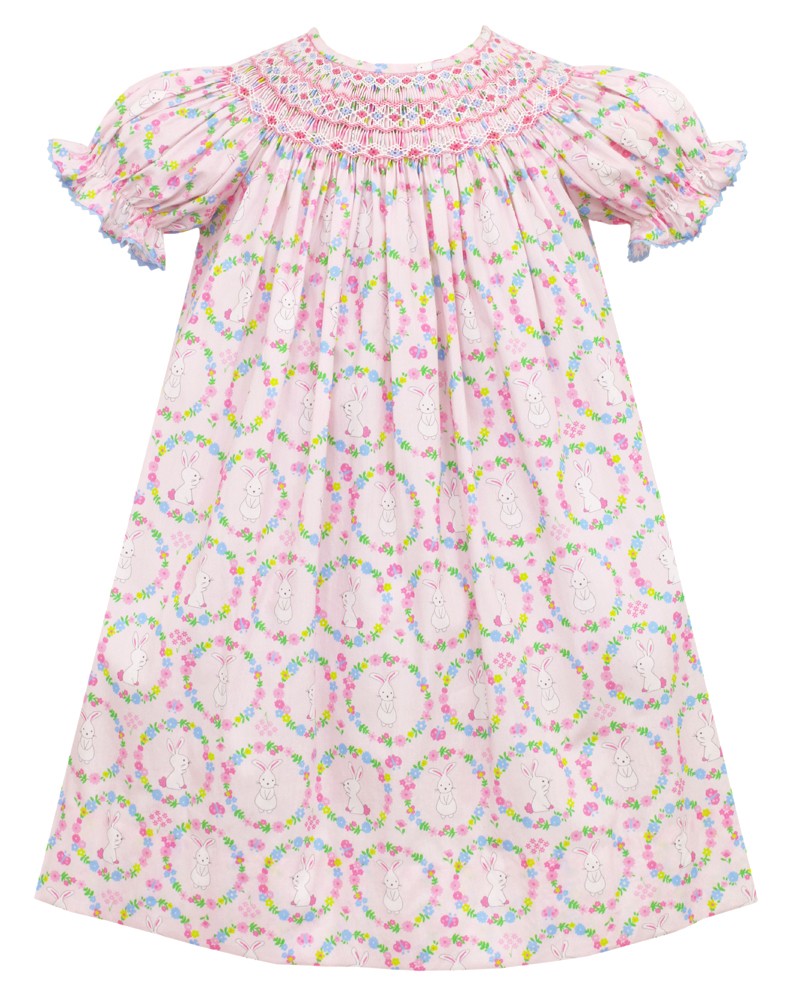 Anavini Couture Baby Girls Pink Bunnies Print Smocked Bishop Dress