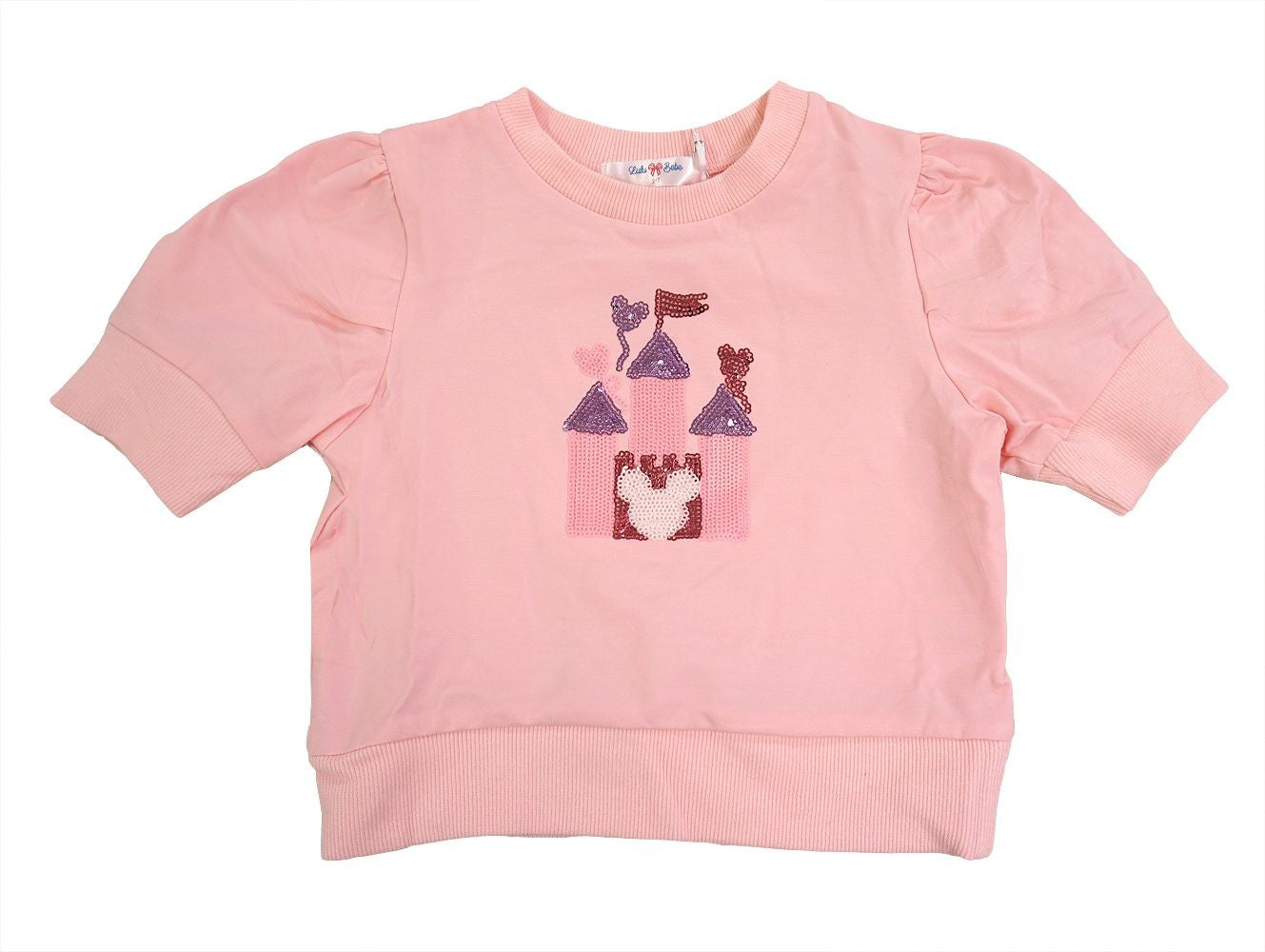 LuLu BeBe Girls Sequins Mouse Castle Puff Sleeve Top - Pink with Short Sleeves