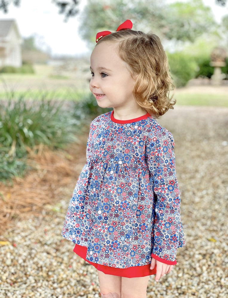 James & Lottie Girls Evie Bloomers Set - Blue Floral Top with Red Bloomers