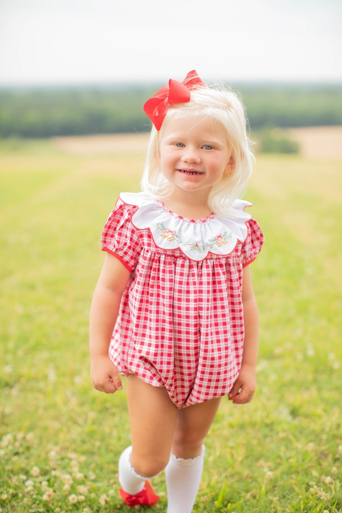 Proper Peony Baby Girls Christmas Bubble - Red Check Embroidered Golden Bells
