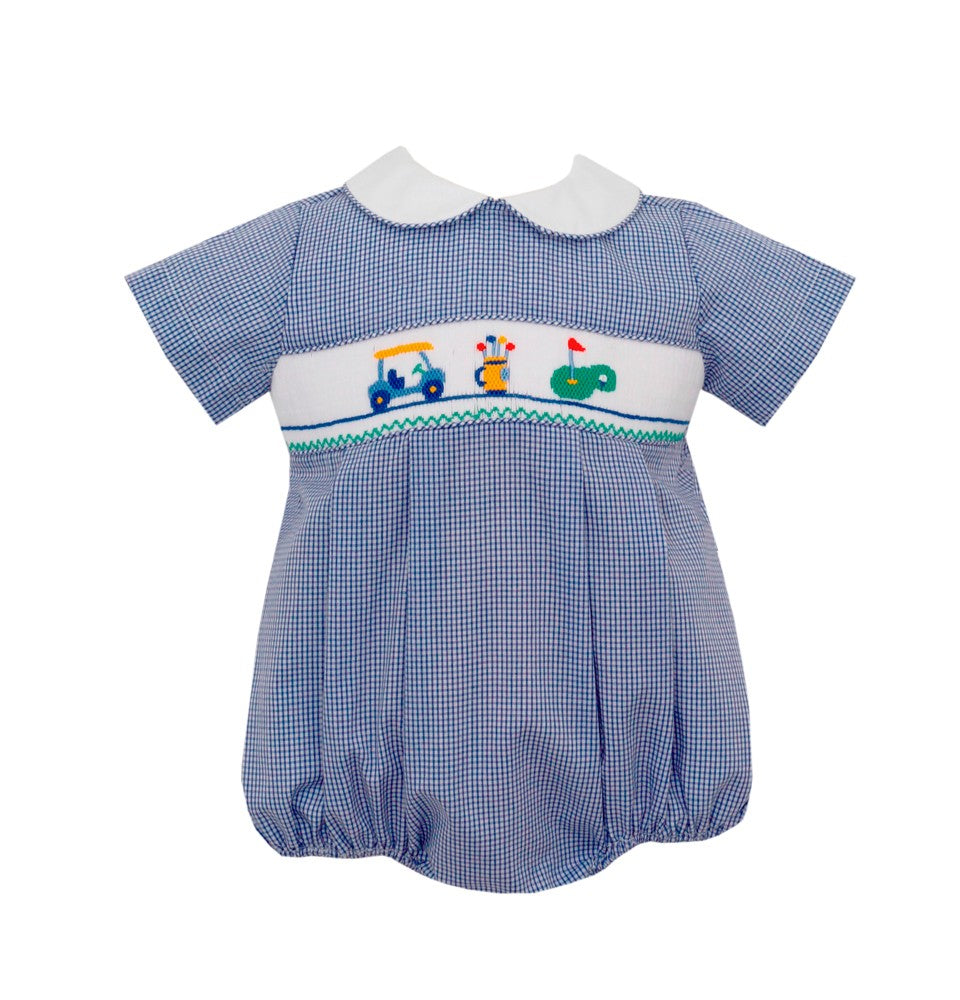 Petit Bebe Baby Boys Navy Blue Check Bubble - Smocked Golf Theme