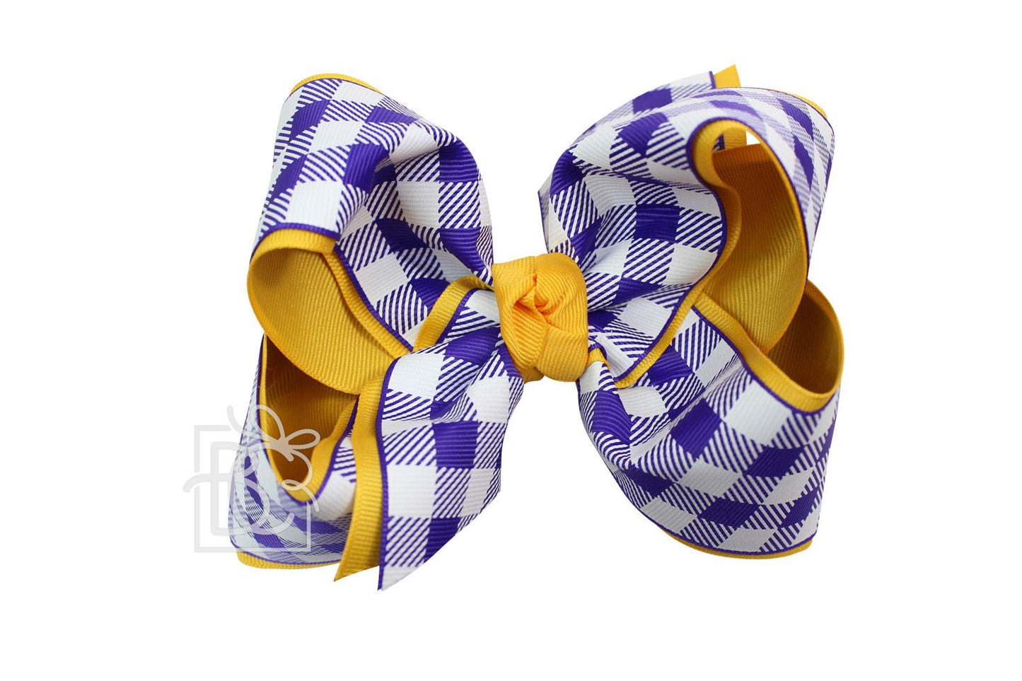 Beyond Creations Girls Layered Bow on Clip - LSU - Yellow with Purple Buffalo Plaid