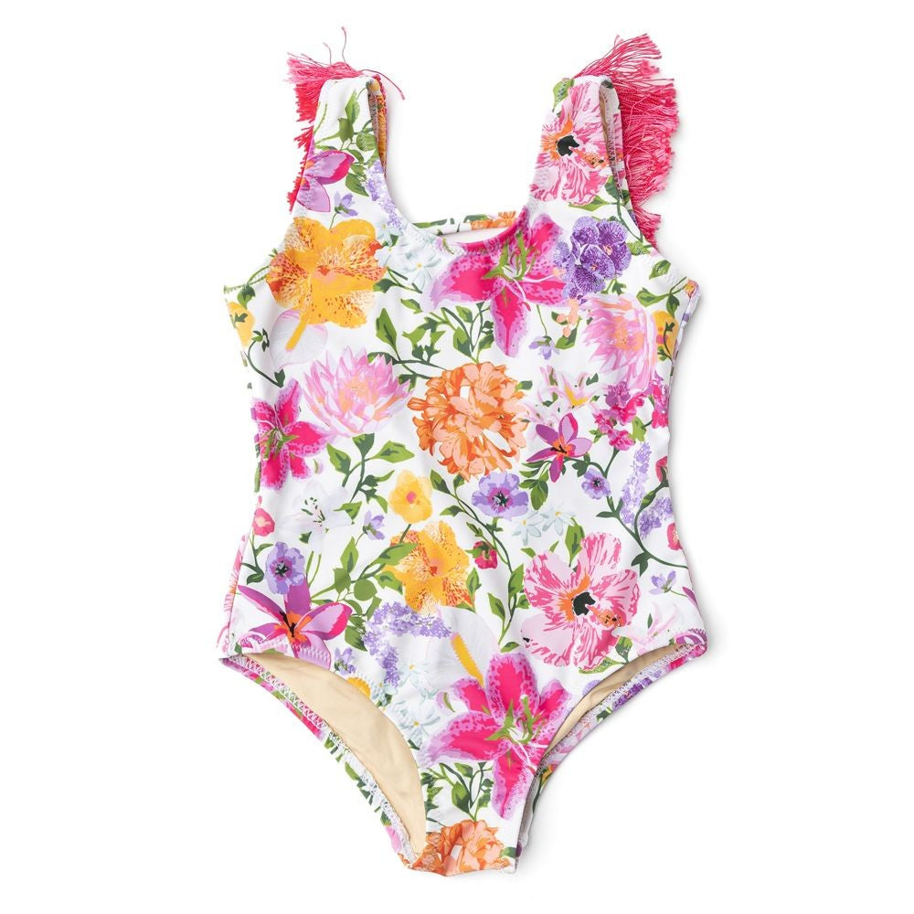 Shade Critters Girls Summer Gardens Floral Swimsuit - Pink Fringe Back