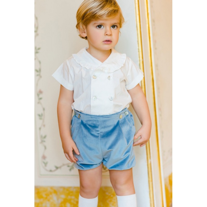 Sal & Pimenta Boys Dressy Button On Set - Velvet - Dusty Blue