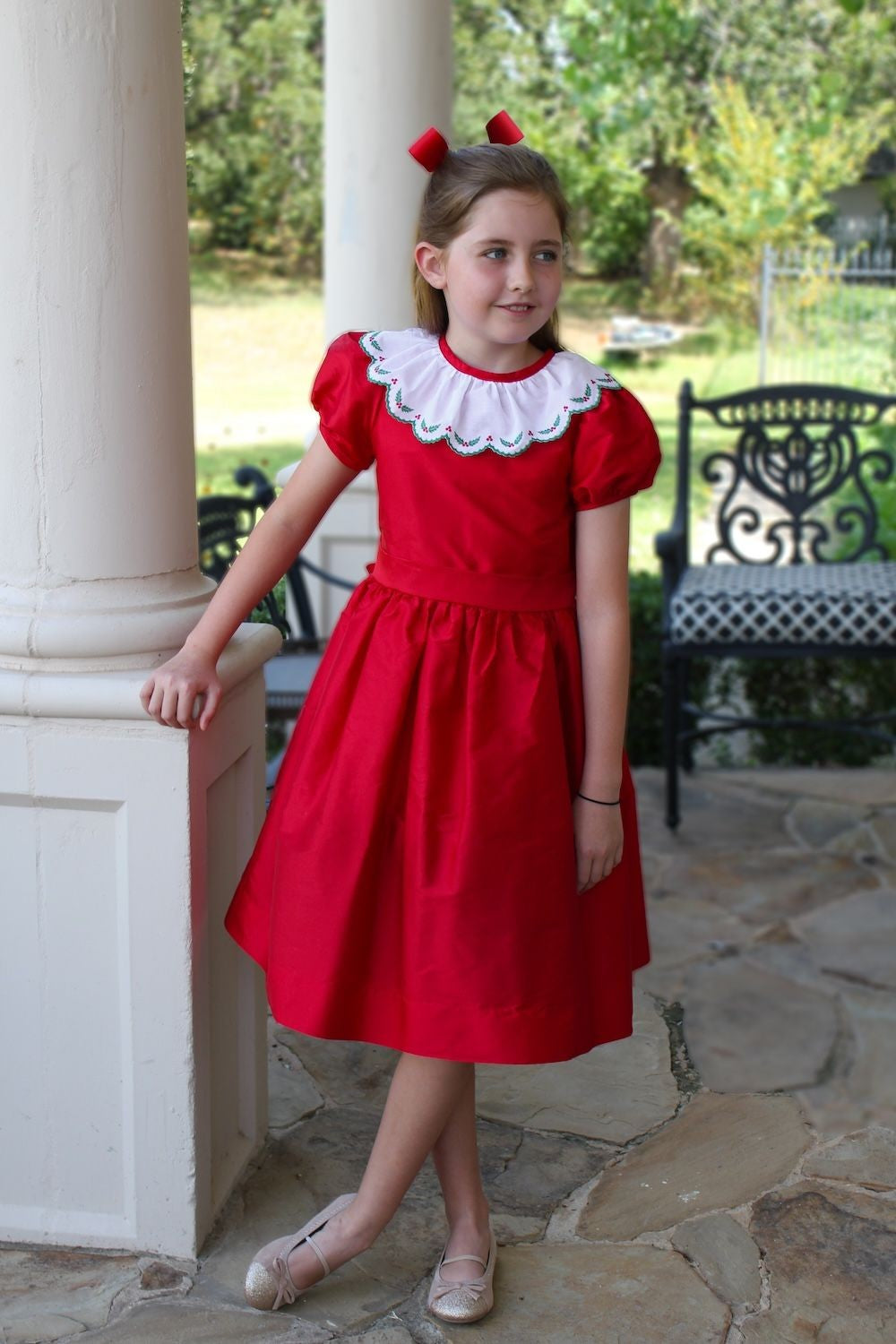 Susanne Lively Girls Christmas Dress - Embroidered Holly Collar - Red