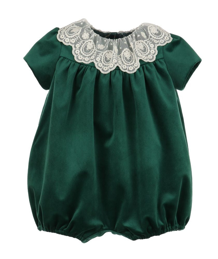 Luli & Me Girls Deluxe Velvet Bubble with Lace Collar - Green