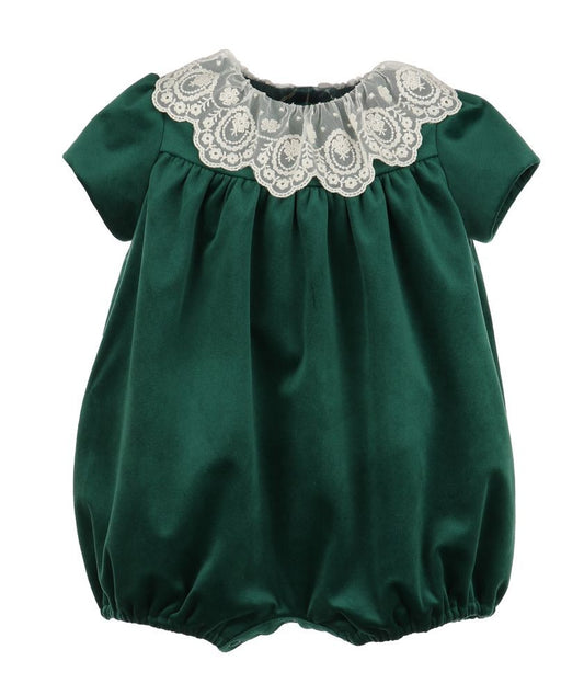 Luli & Me Girls Deluxe Velvet Bubble with Lace Collar - Green
