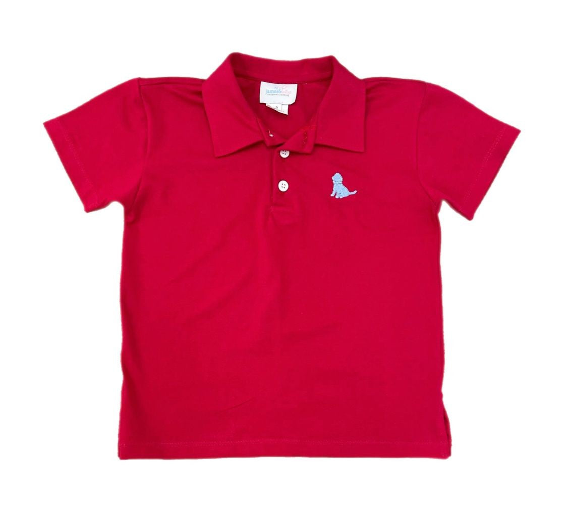 James & Lottie Boys Polo Shirt - Red with Blue Puppy Dog by James & Lottie