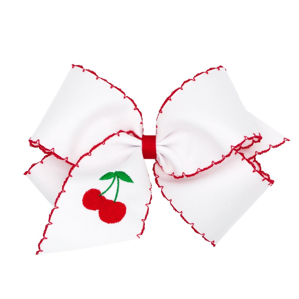 Wee Ones Girls Hair Bow - White with Red Moonstitch - Embroidered Cherry