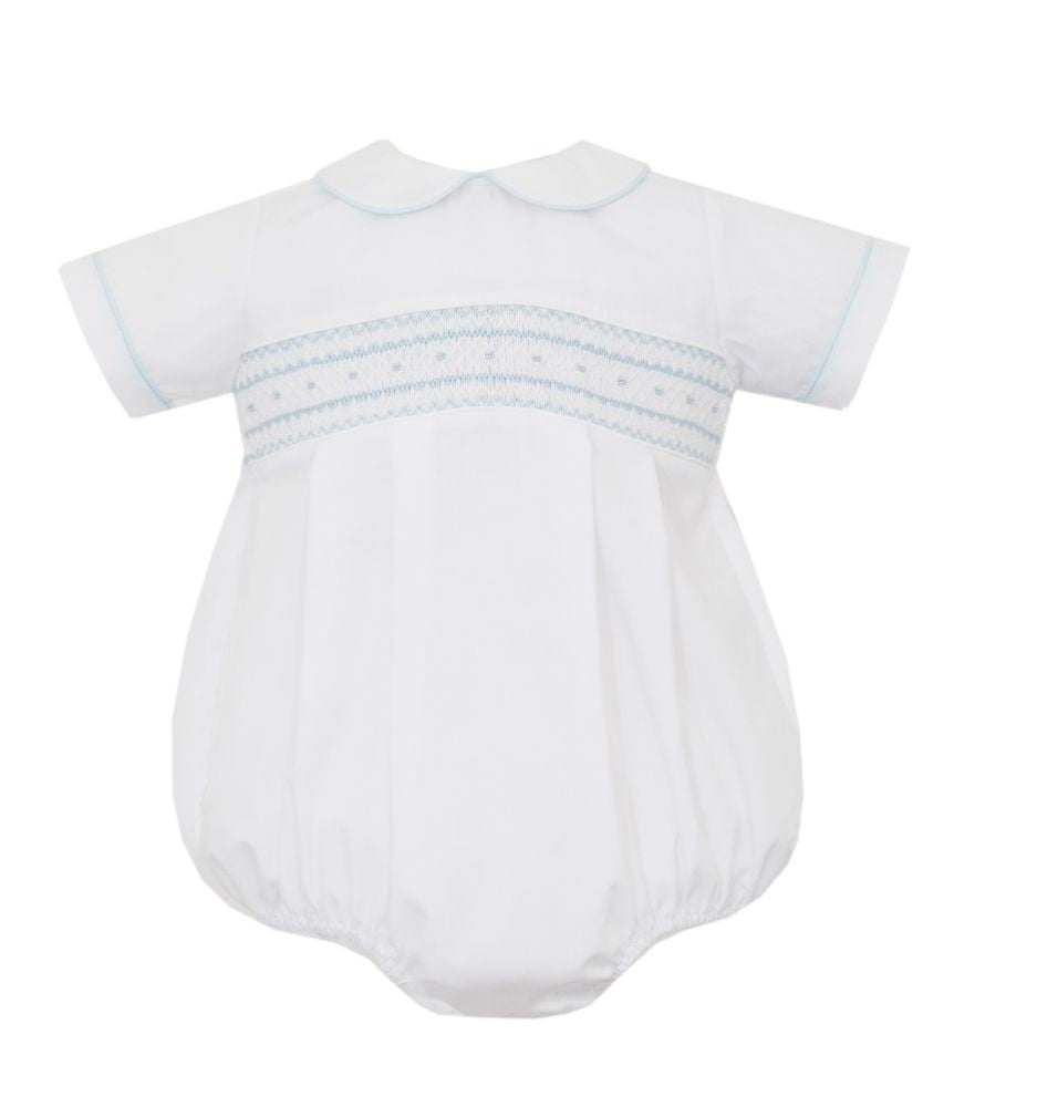 Petit Bebe Baby Boys White Poplin Smocked Bubble with Collar