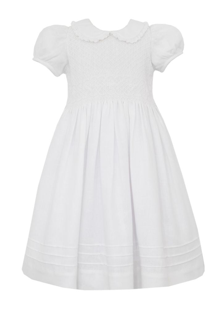 Anavini Couture Girls White Linen Smocked Dress - Fancy Collar
