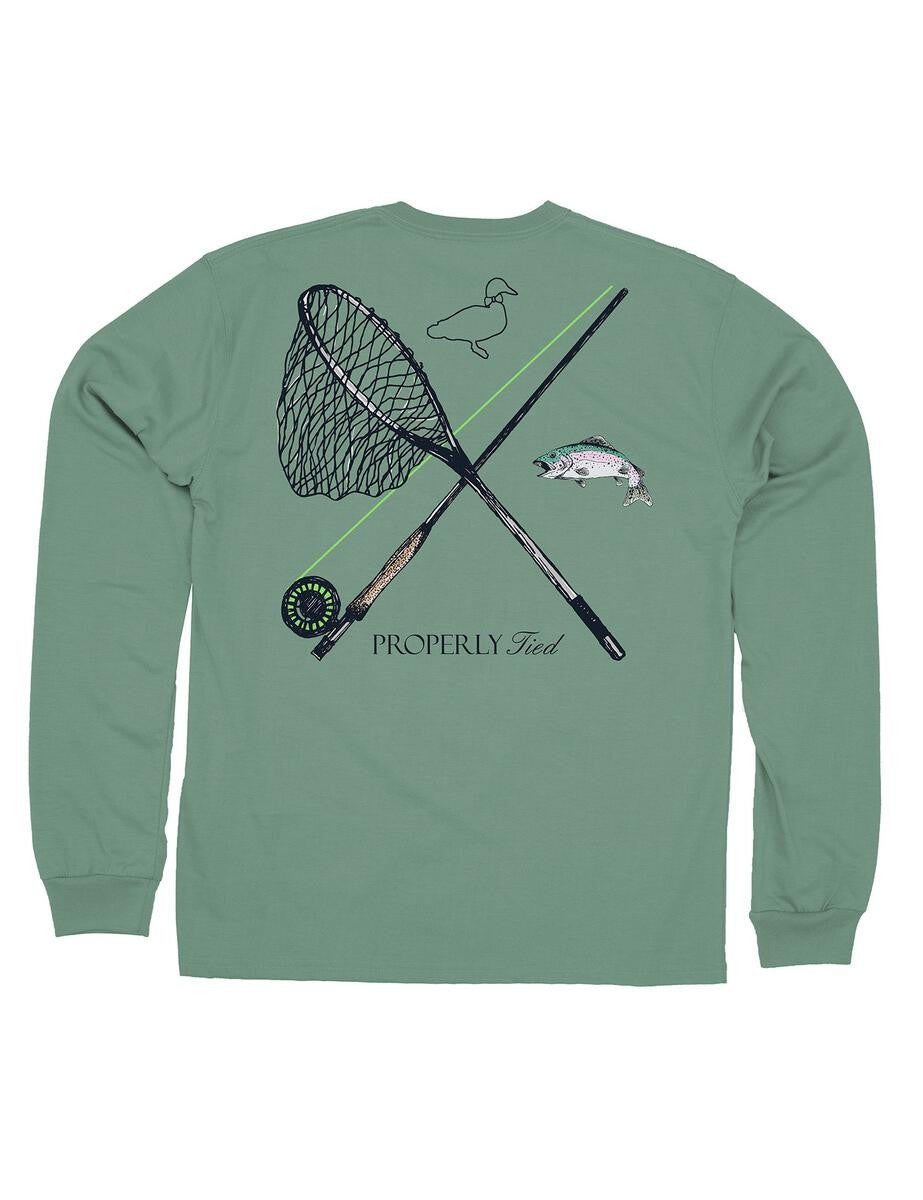 Properly Tied Tee Shirt - Logo Pocket on Front - Back Graphic - Ivy Green Trout Fishing