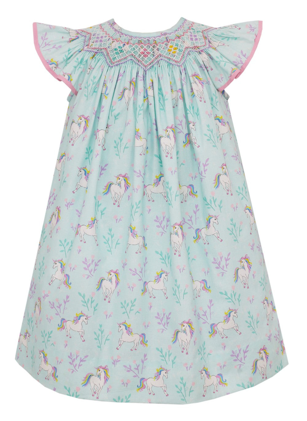 Claire & Charlie Baby / Toddler Girls Aqua Unicorn Print Smocked Dress - Bishop