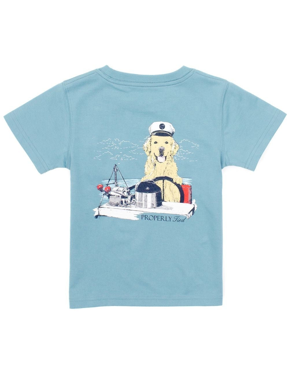 Properly Tied T-Shirt - Logo Pocket on Front - Graphic on Back - Golden Dog Captain on Coastal Sky Blue by Properly Tied