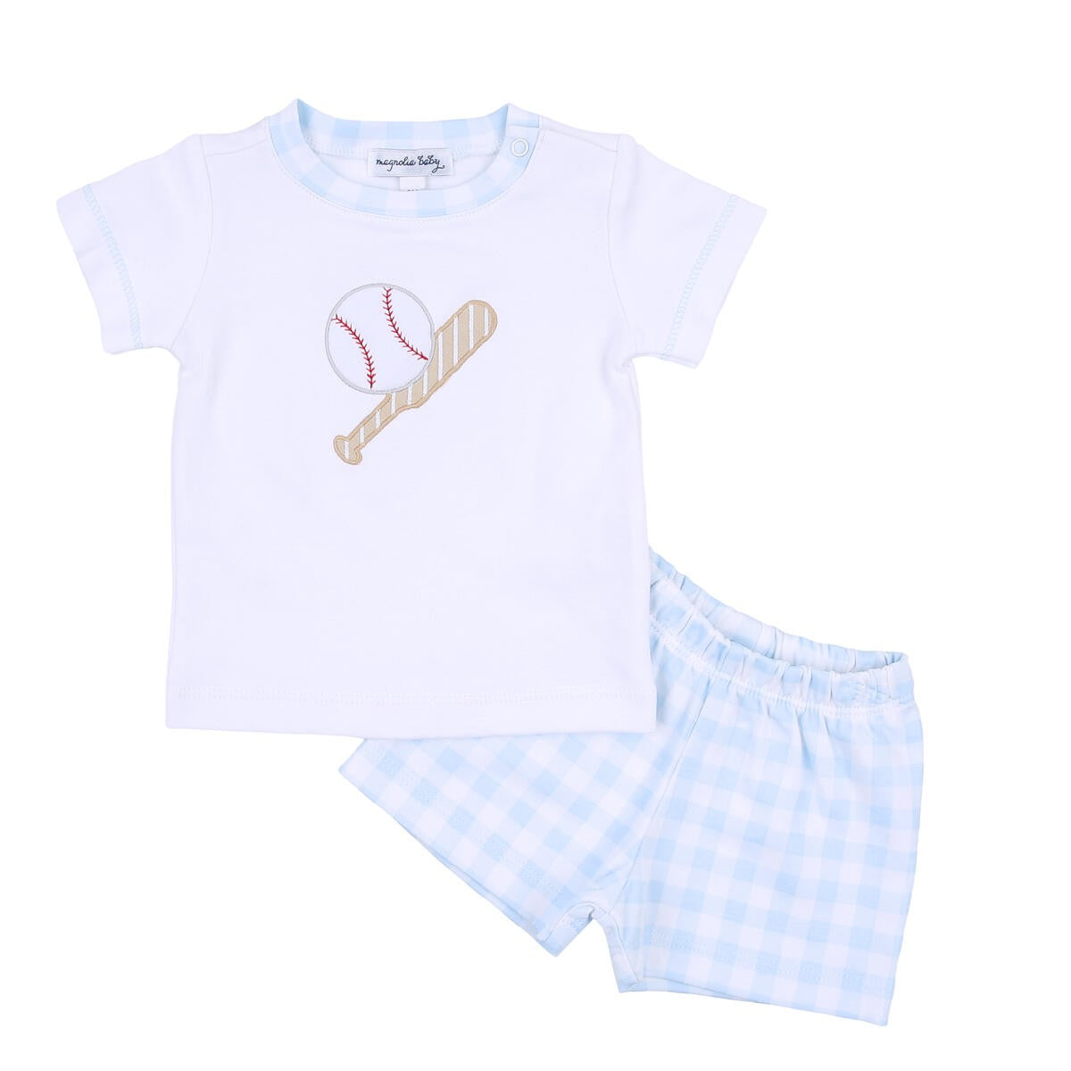 Magnolia Baby Boys Blue Check Batter Up Baseball Applique Shorts Set