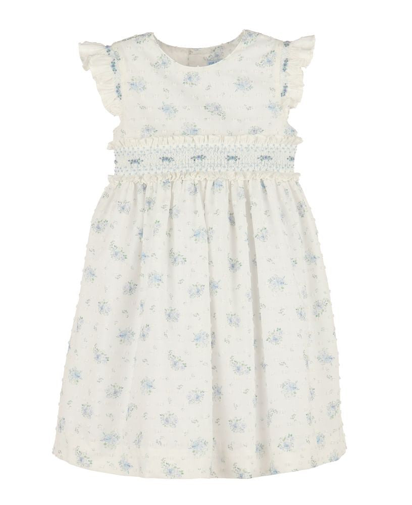 Luli & Me Girls Blue Swiss Floral Smocked Dress - Flutter Sleeves