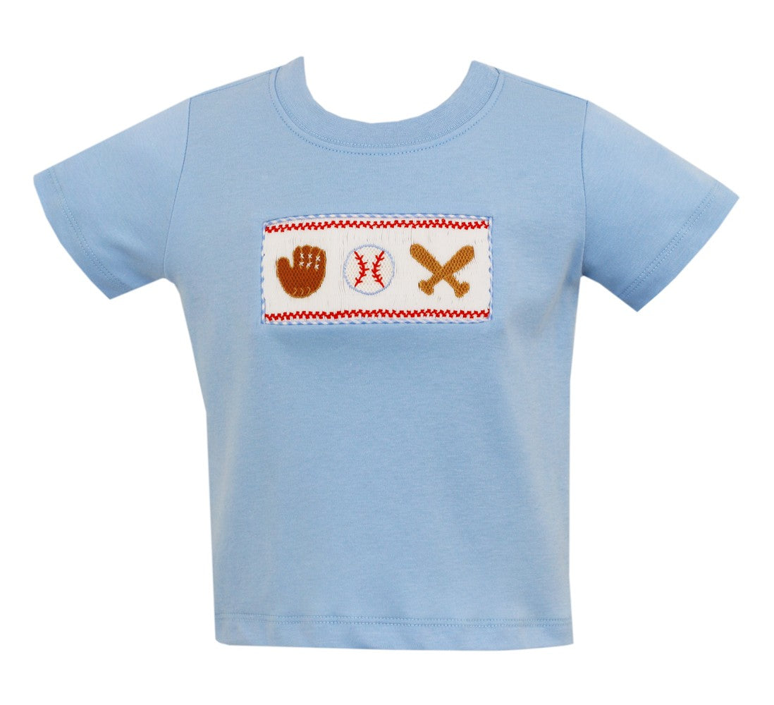 Anavini Boys Blue Knit Shirt - Smocked Baseball Theme