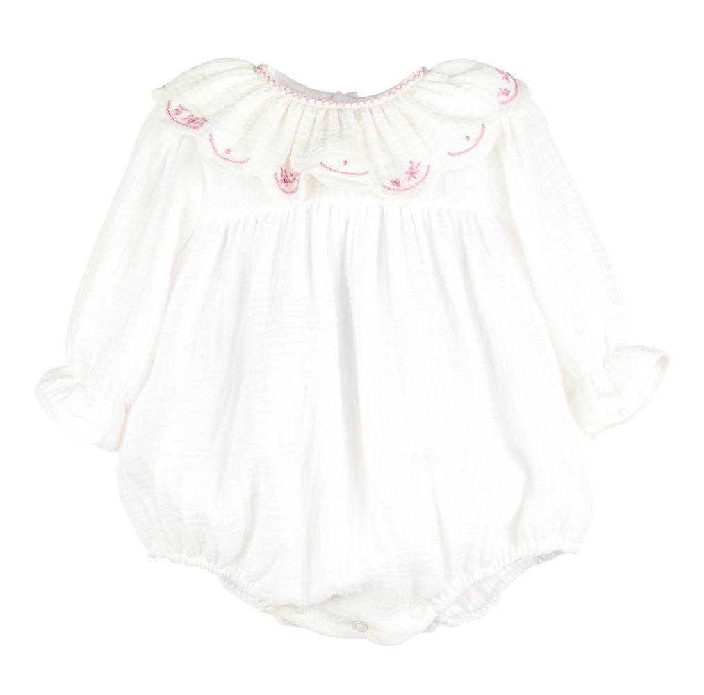 Sophie & Lucas Baby Girls Cuddle Cotton Bubble - Scallop Collar - Lavender Embroidery