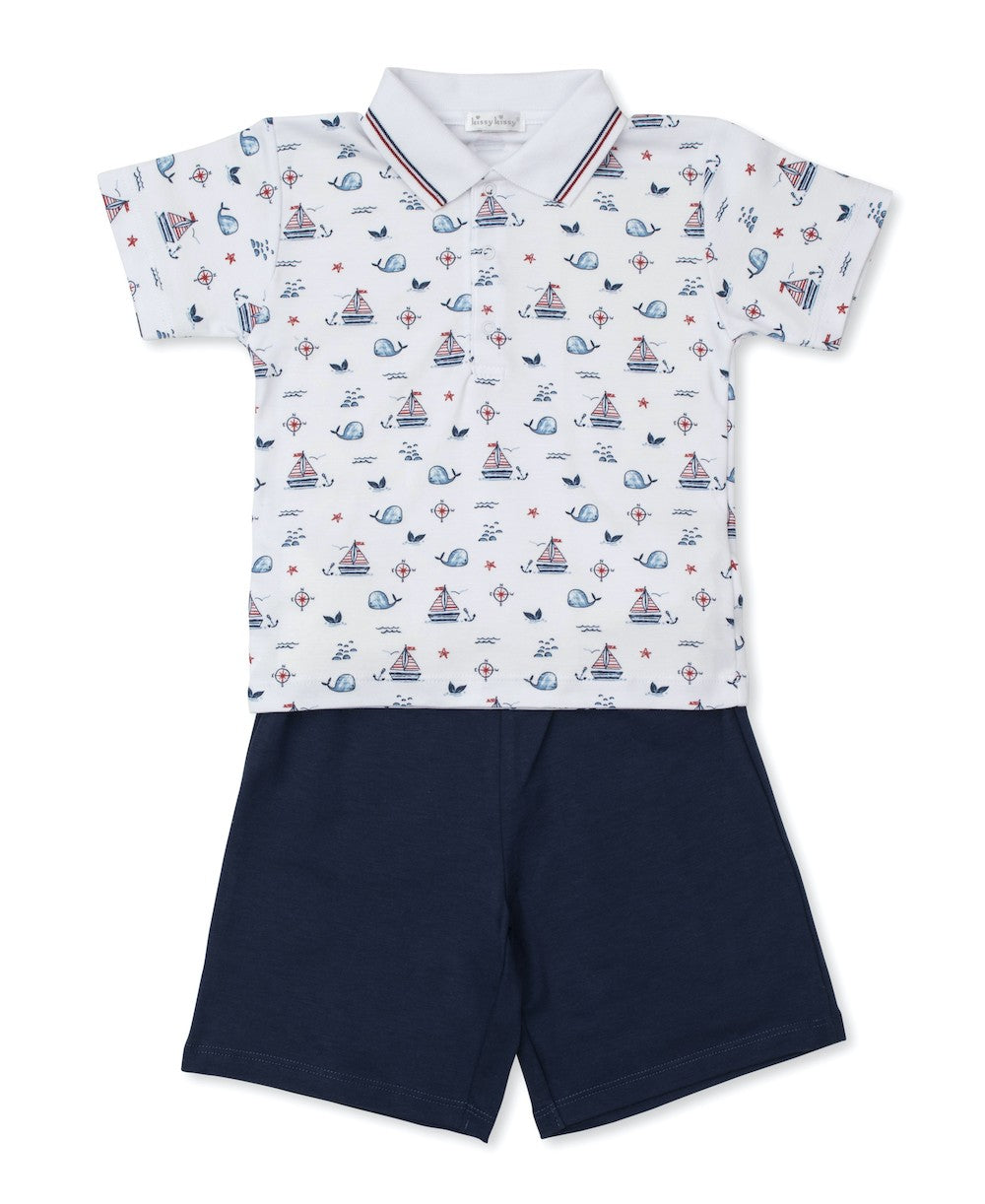 Kissy Kissy Toddler Boys Polo Shirt & Shorts - Navy Blue Sails & Whales