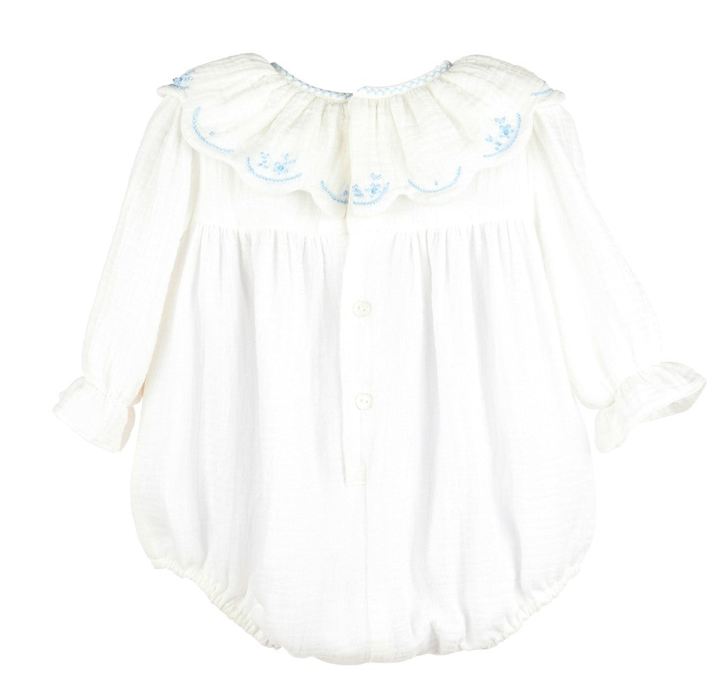 Sophie & Lucas Baby Girls Cuddle Cotton Bubble - Scallop Collar - Blue Embroidery