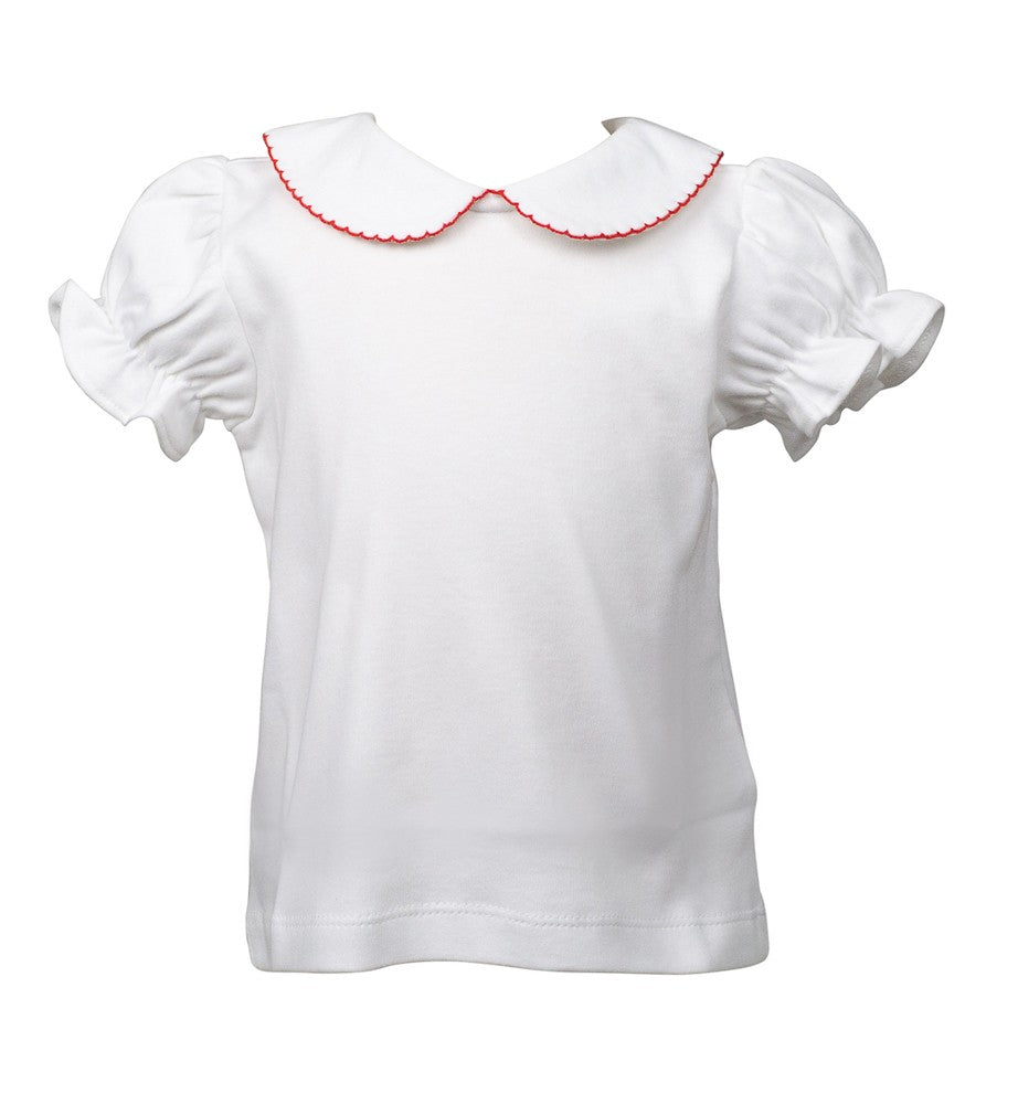 Proper Peony Girls White Knit Blouse with Collar - Trimmed in Red - Short Sleeves by Proper Peony