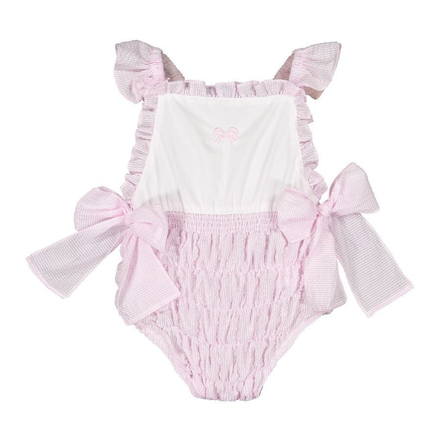 Sal & Pimenta Girls Pink Seersucker Frilled Swimsuit - Embroidered Bow & Bows at Hips