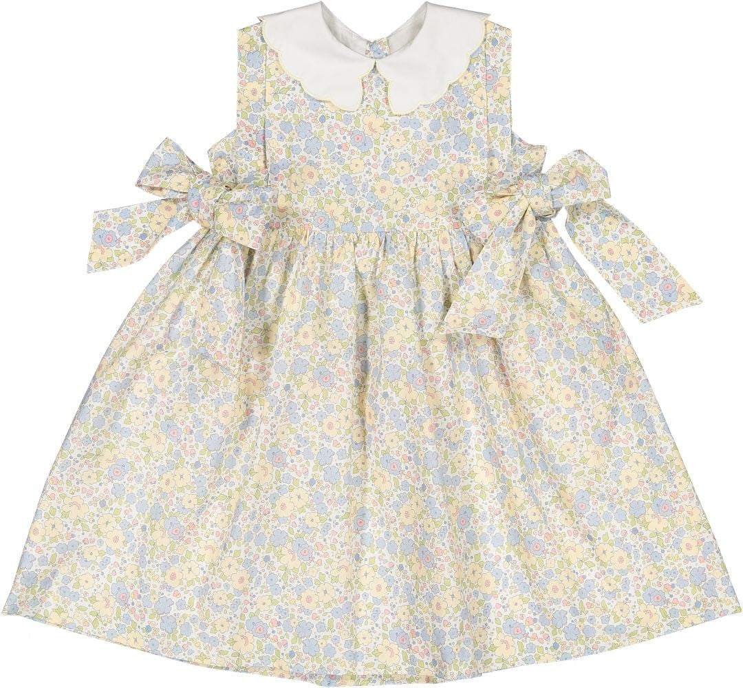 Sal & Pimenta Girls Dress - Blue & Yellow Cupcakes Floral - Scallop Collar & Side Bows