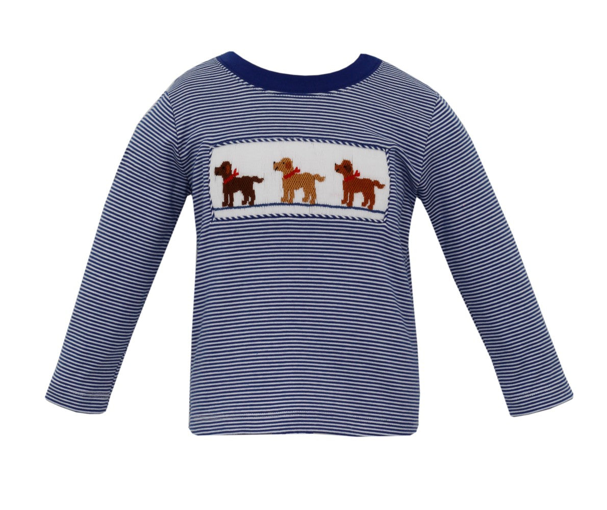 Anavini Velani Boys Navy Blue Striped Shirt - Smocked Labrador Dogs by Anavini