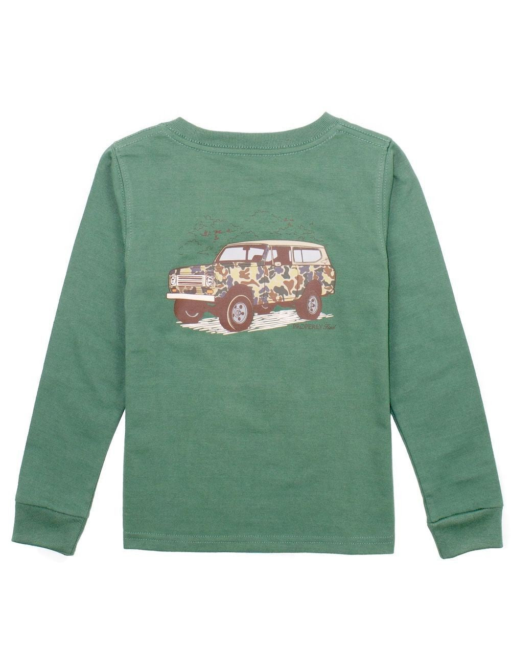 Properly Tied Boys Shirt - Logo Pocket on Front - Back Graphic - Camo Truck on Fern Green by Properly Tied