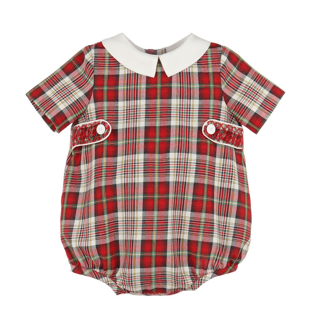 Luli & Me Baby Boys Bubble - Red Stewart Holiday Plaid - Smocked Tabs