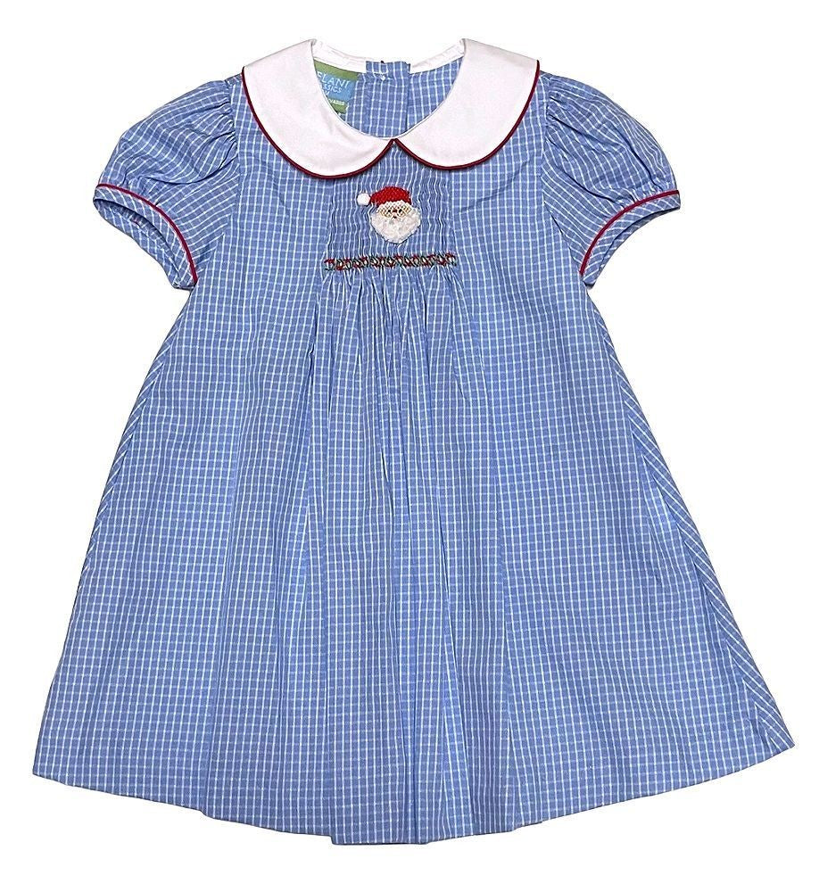 Anavini Velani Girls Blue Check Dress with White Collar - Smocked Santa
