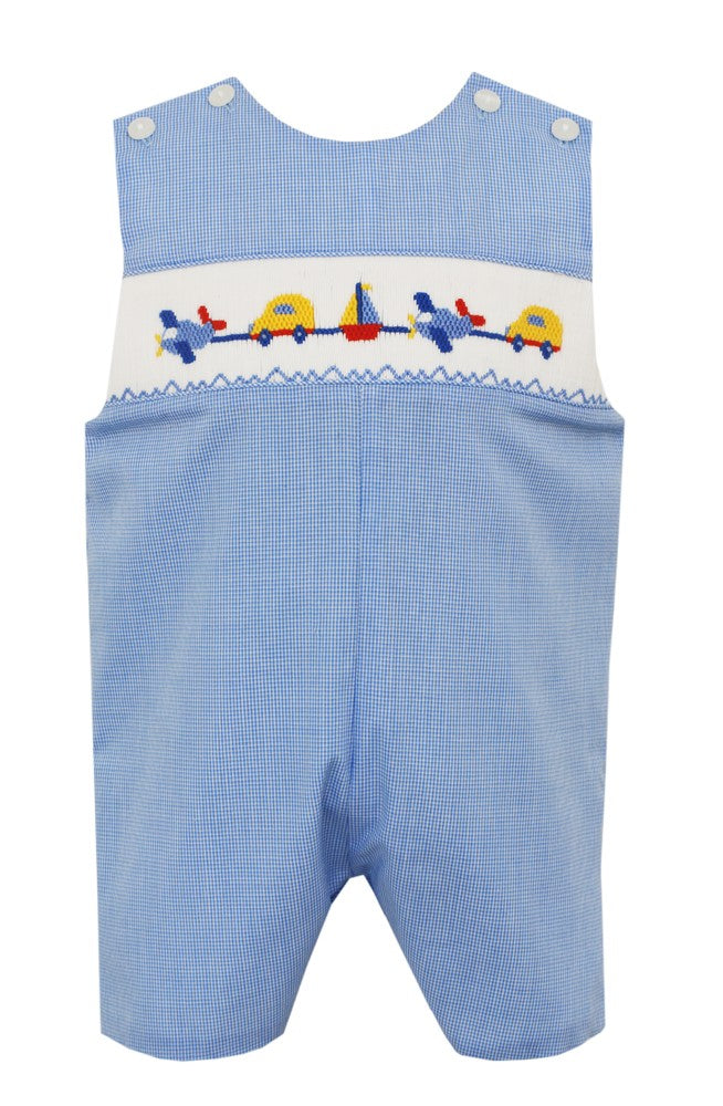 Petit Bebe Boys Blue Check Jon Jon - Smocked Transportation Theme