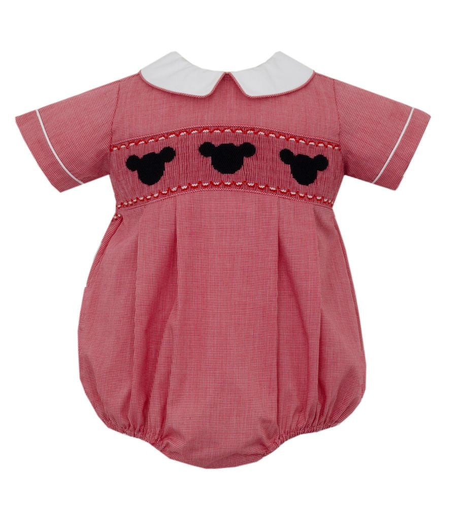 Anavini Baby Boys Red Check Bubble with Collar - Smocked Mouse Ears