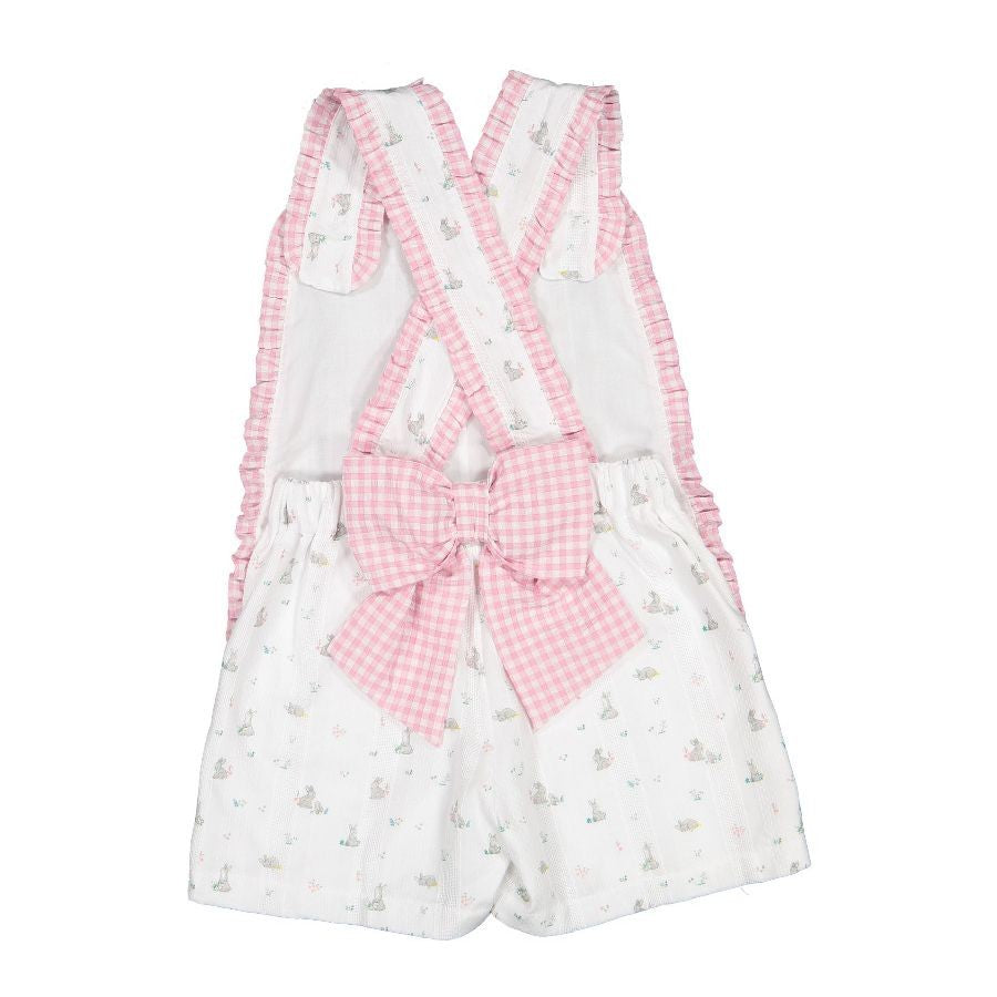 Sal & Pimenta Girls Shortall - Garden Bunnies - Pink Gingham Bow on Back