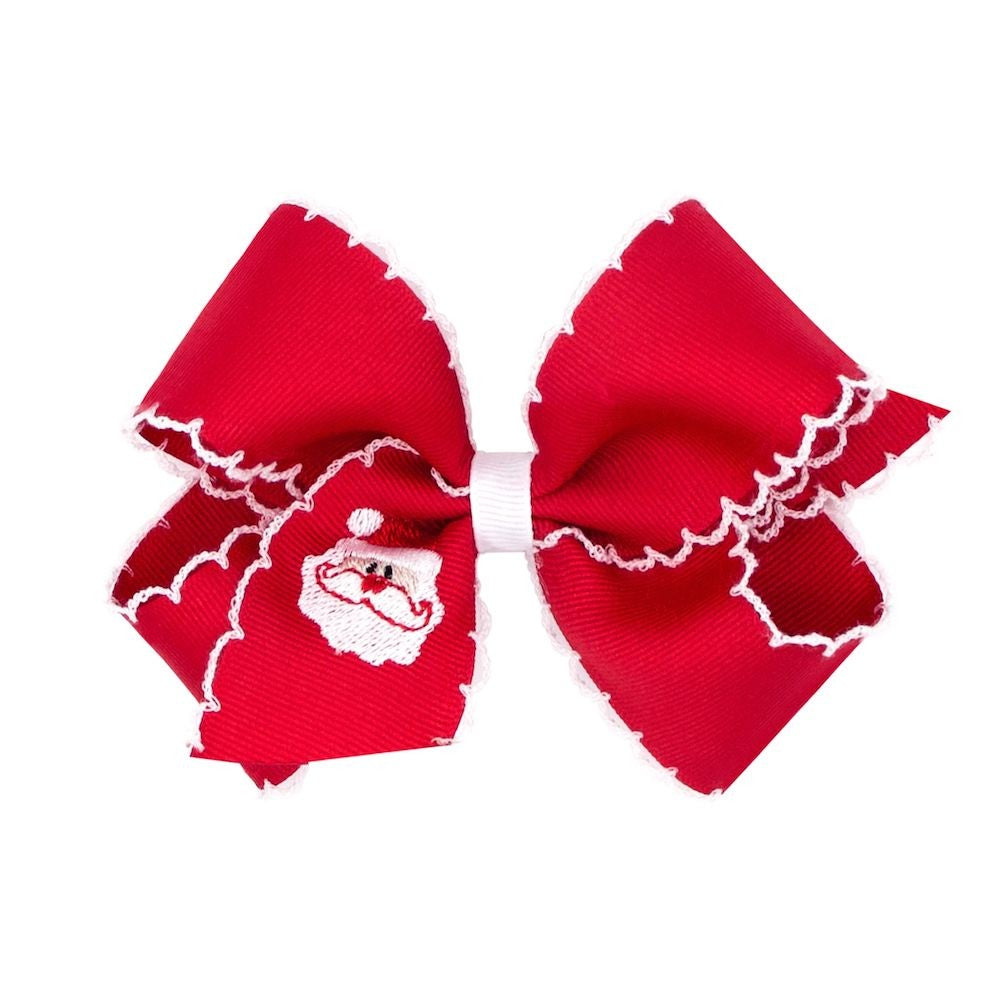 Wee Ones Girls Red Hair Bow - White Moonstitch - Santa Face Embroidery