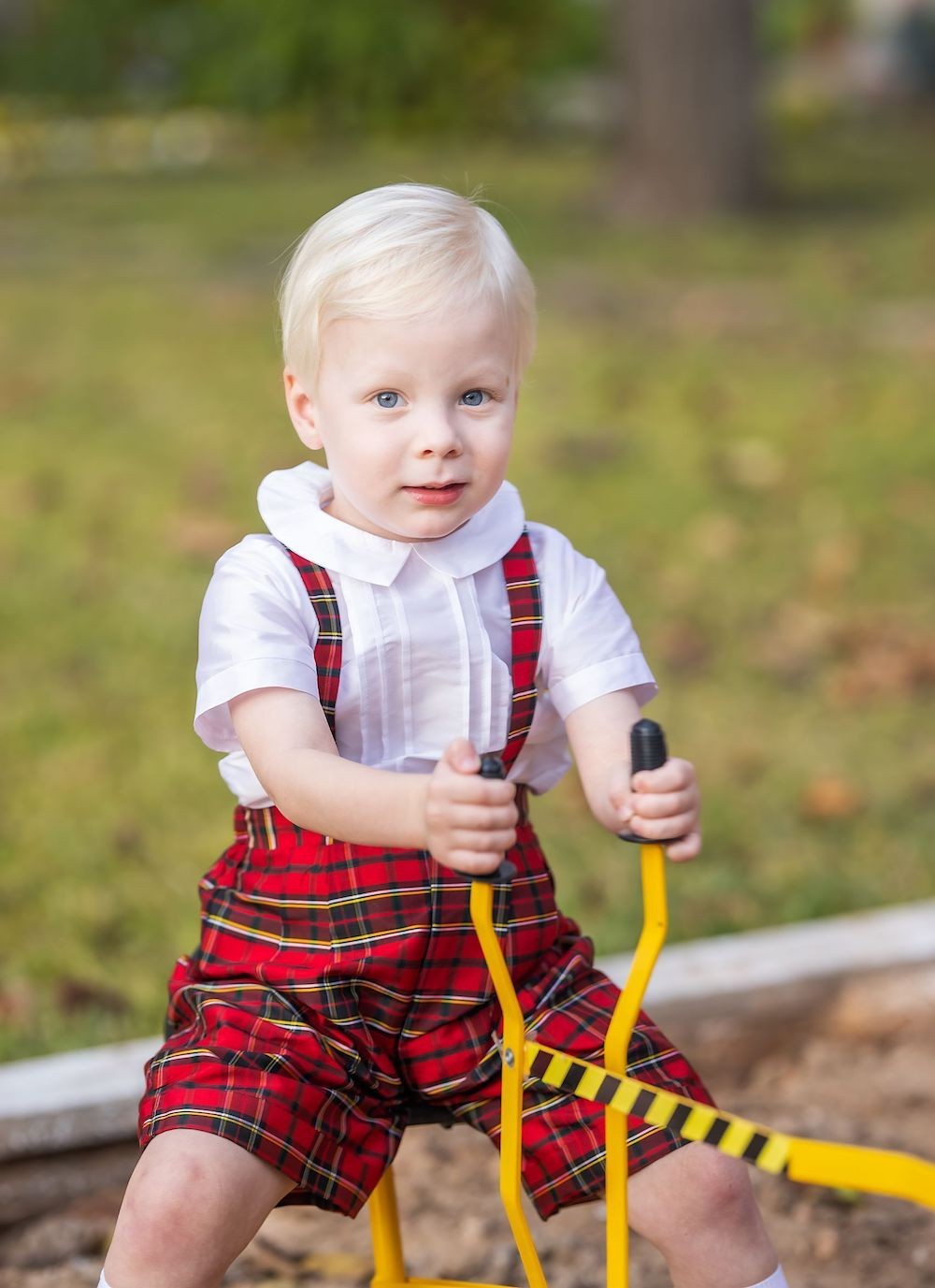 Susanne Lively Boys Red Holiday Plaid Dressy Suspender Shorts Set with Shirt by Susanne Lively