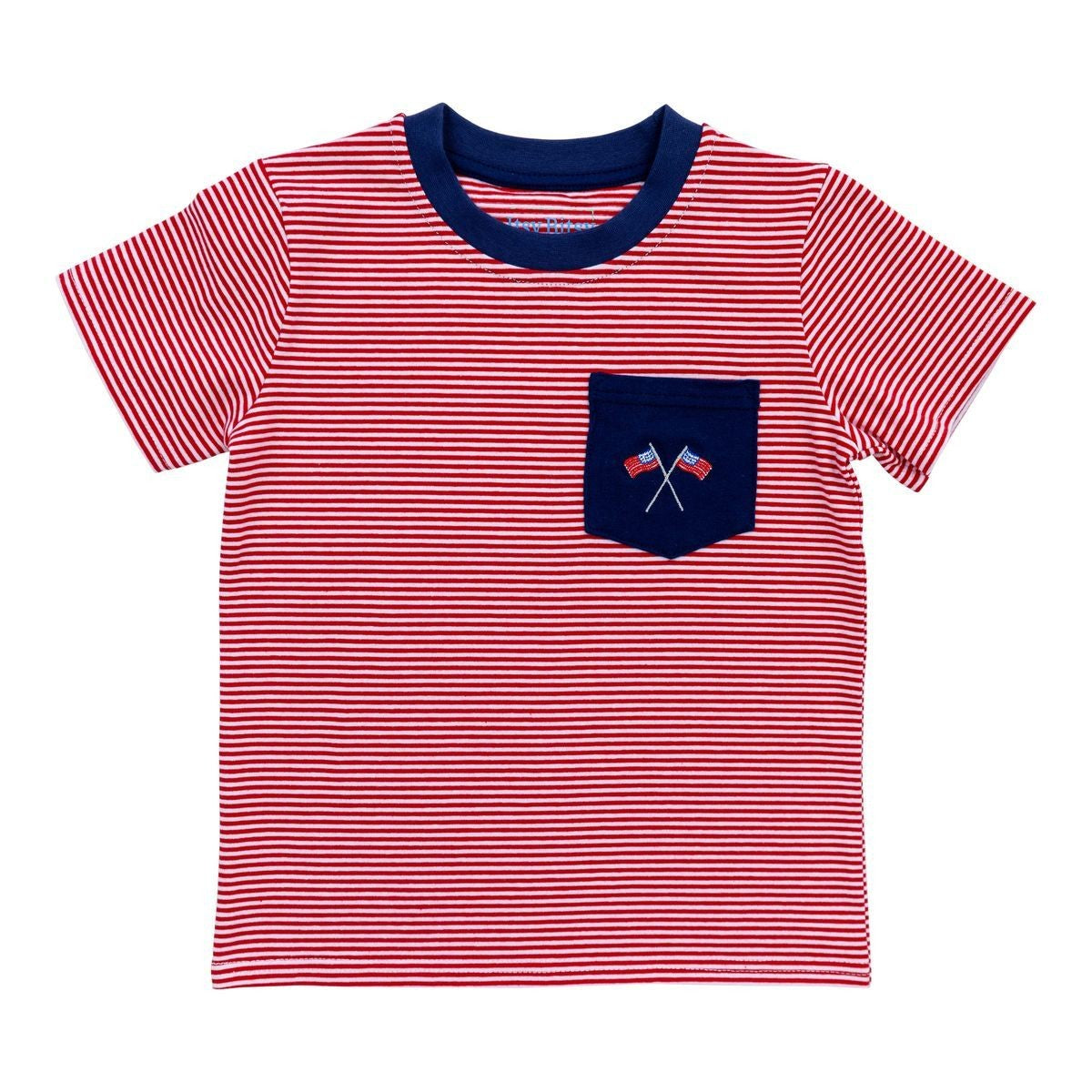 Itsy Bitsy Boys Red Patriotic Tee Shirt - Navy Blue Pocket with Flags