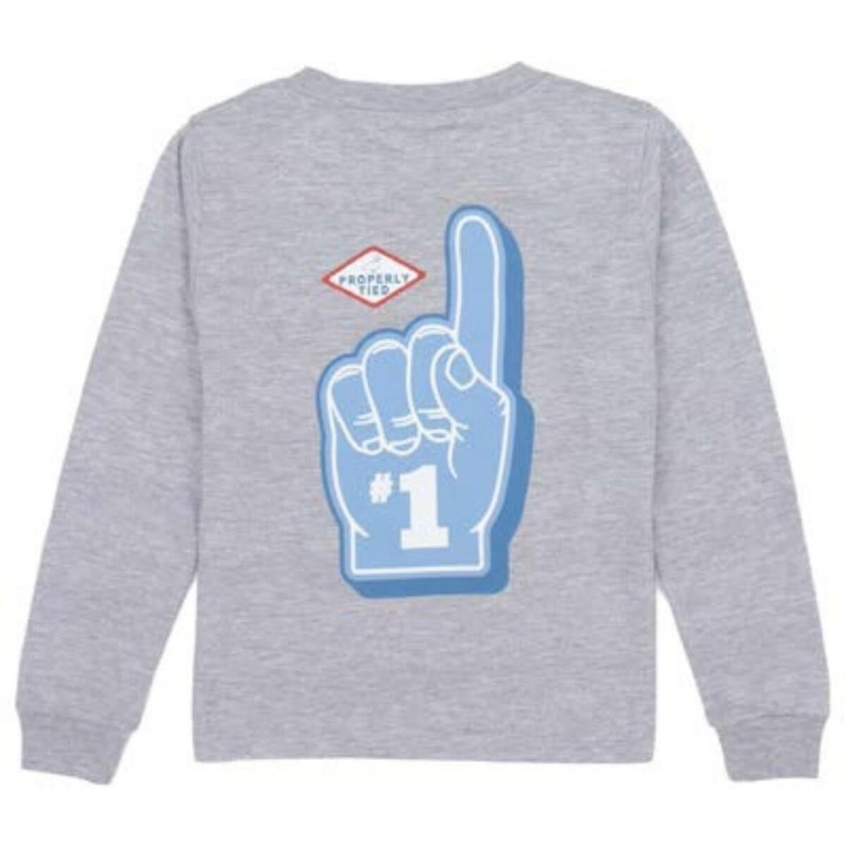 Properly Tied Tee Shirt - Logo Pocket - Long Sleeves - Back Graphic - Foam Football Fan #1 Finger on Light Heather Grey by Properly Tied