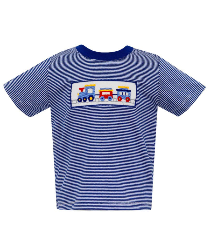 Anavini Velani Boys Navy Blue Stripe Shirt - Smocked Train