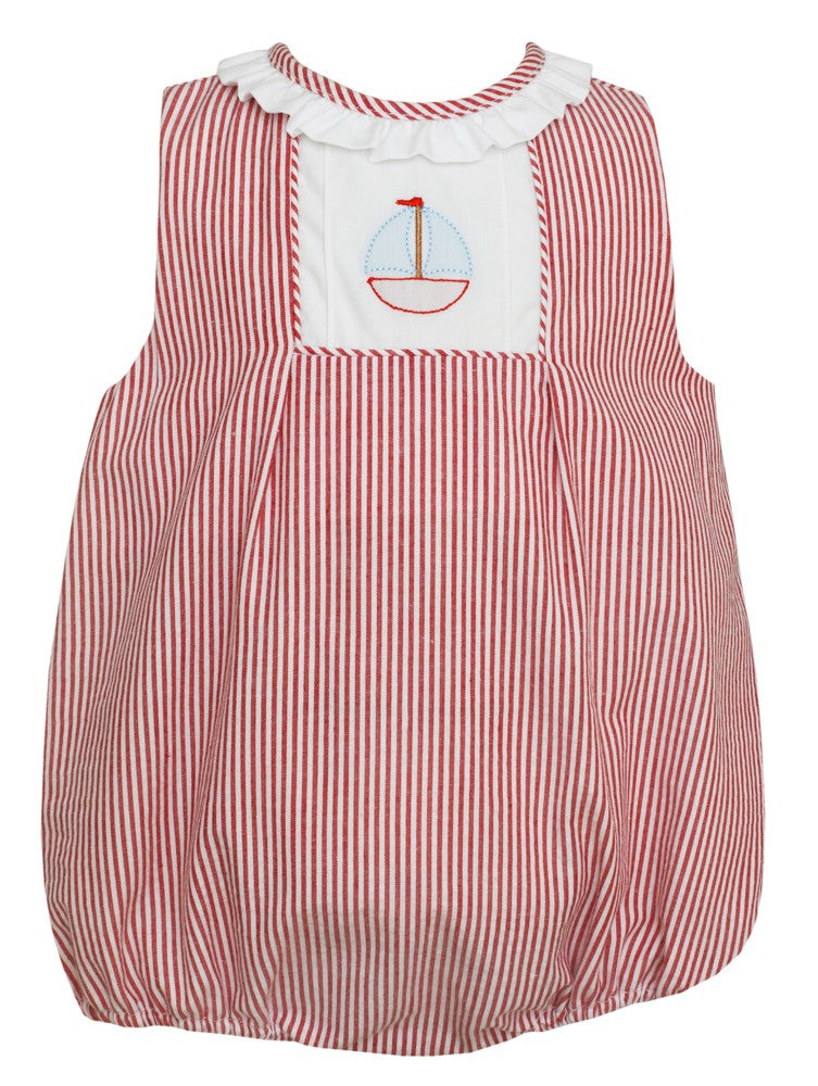 Anavini Baby Girls Red Stripe Seersucker Bubble - Shadow Stitch Sailboat - Ruffle Collar